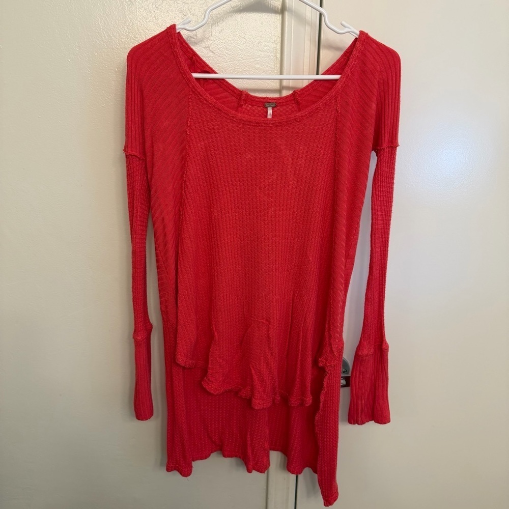 Free People Ventura Thermal Tunic Top Red Waffle Knit XS Long Sleeve